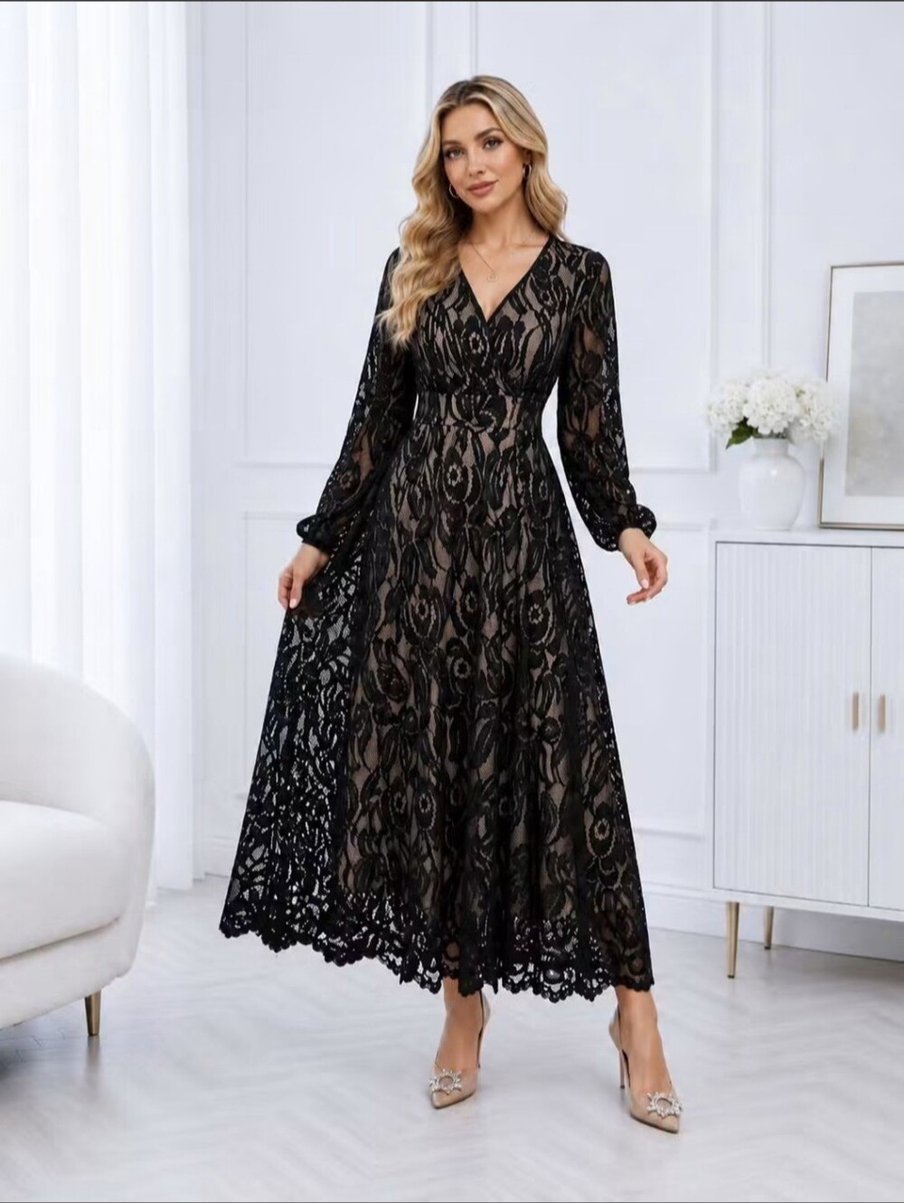 QIAN-HIOU Black Floral Lace Midi Dress Medium Long Sleeve V Neck